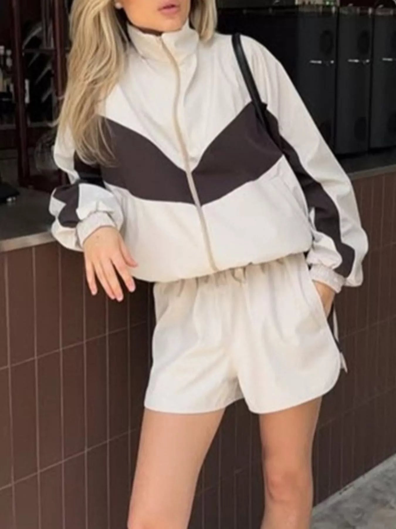 Trendsi Color-Block Zip-Up Jacket and Shorts Set -