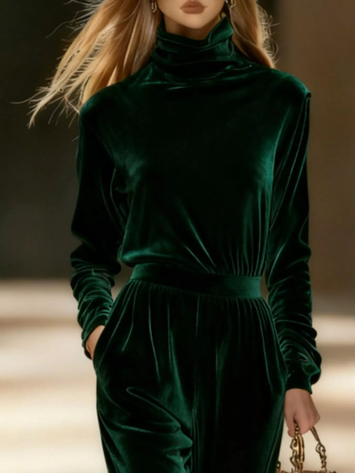 Women's Velvet Turtleneck Long-Sleeve Top & Wide-Leg Pants Set — alternate view 4