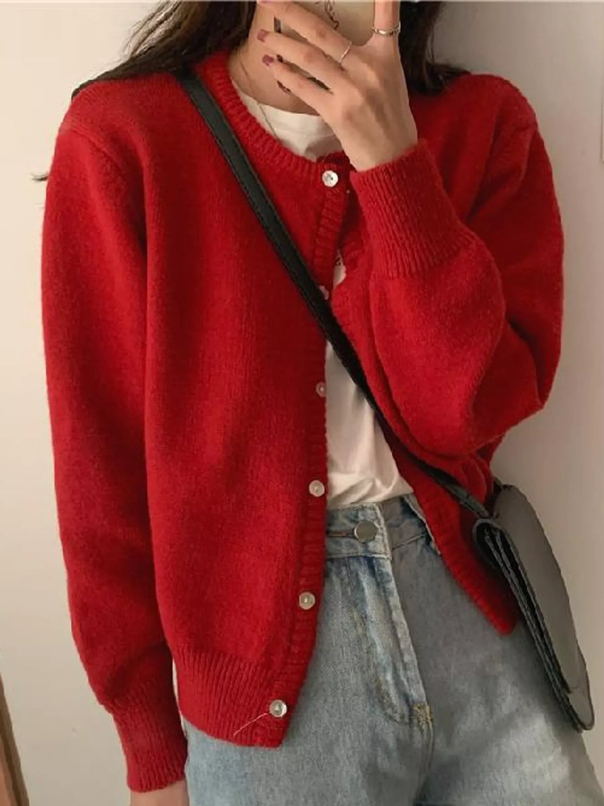 Women's Crew Neck Button-Down Knit Cardigan in red — front view