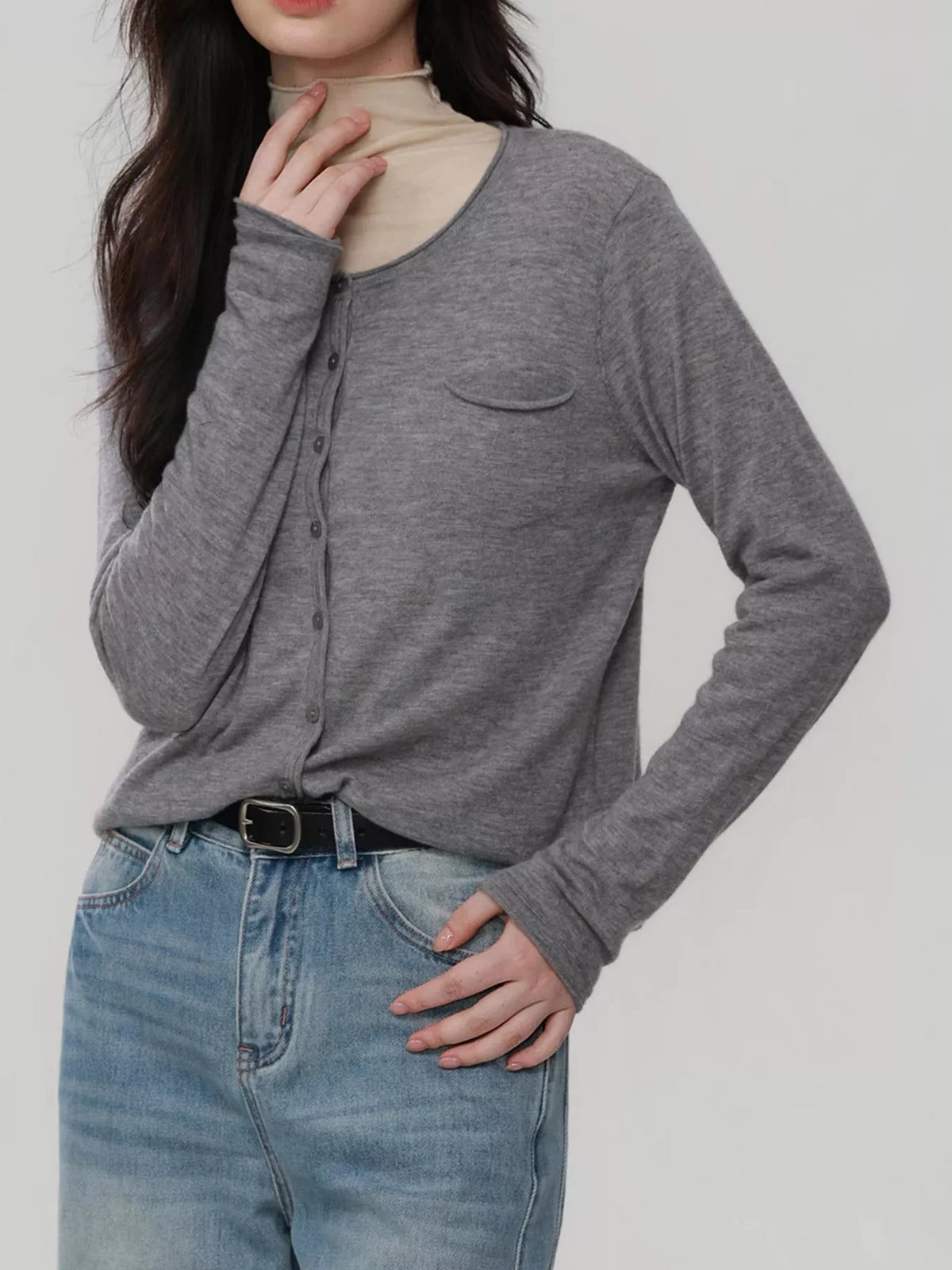 Round neck long sleeve cardigan, front view on model