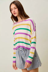 Trendsi SO ME Mardi Gras Color Stripe Lightweight Sweater Top -