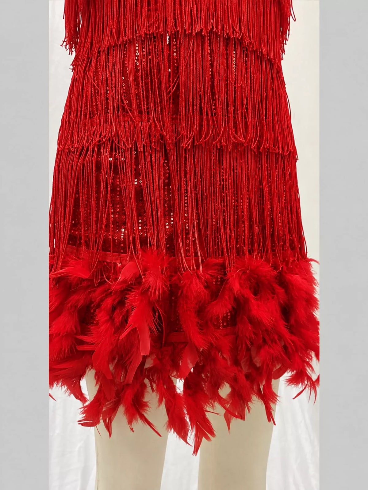 Red feather fringe sequin mini dress, detail view