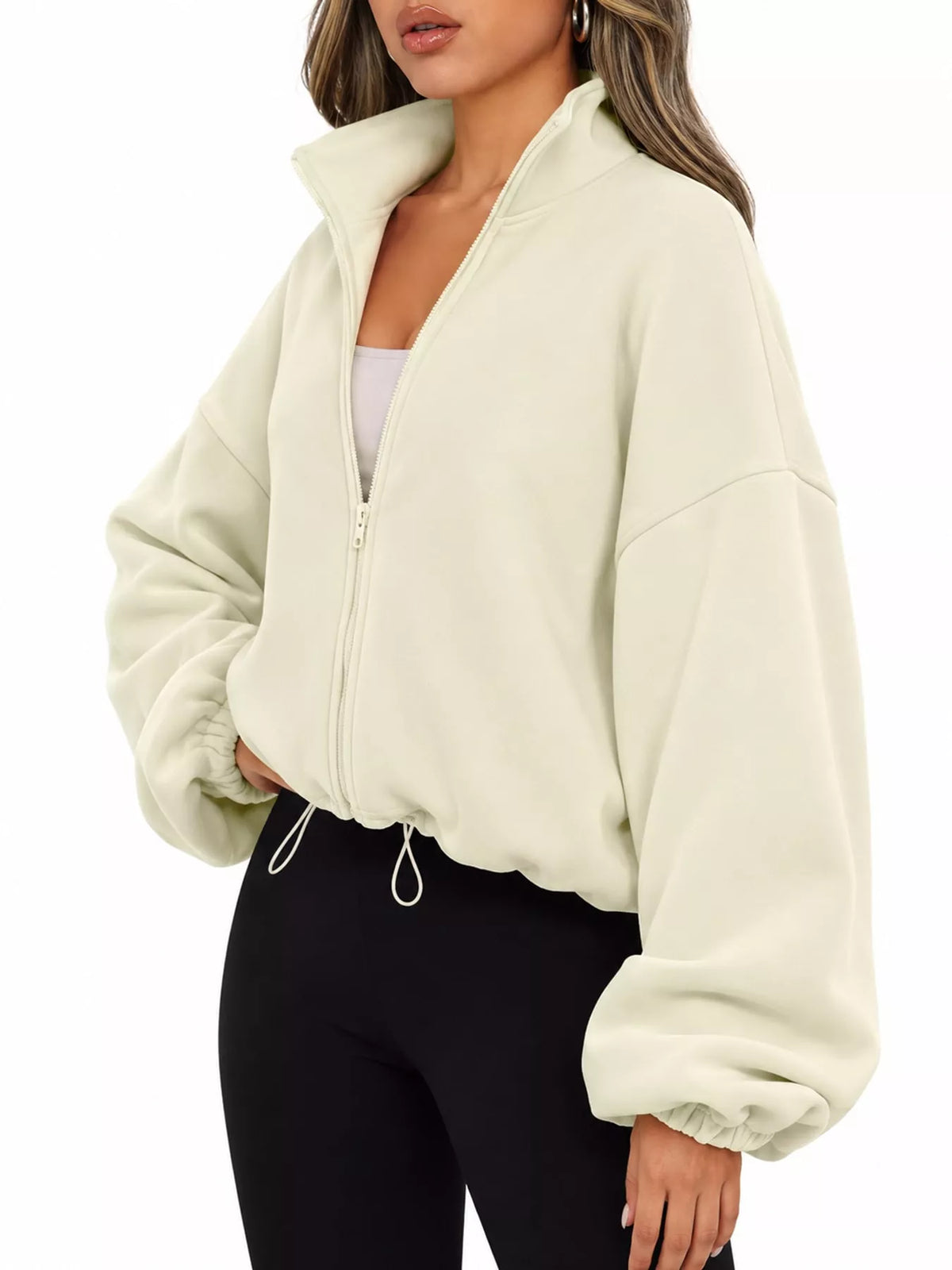 Cream drawstring hem zip-up jacket, side view