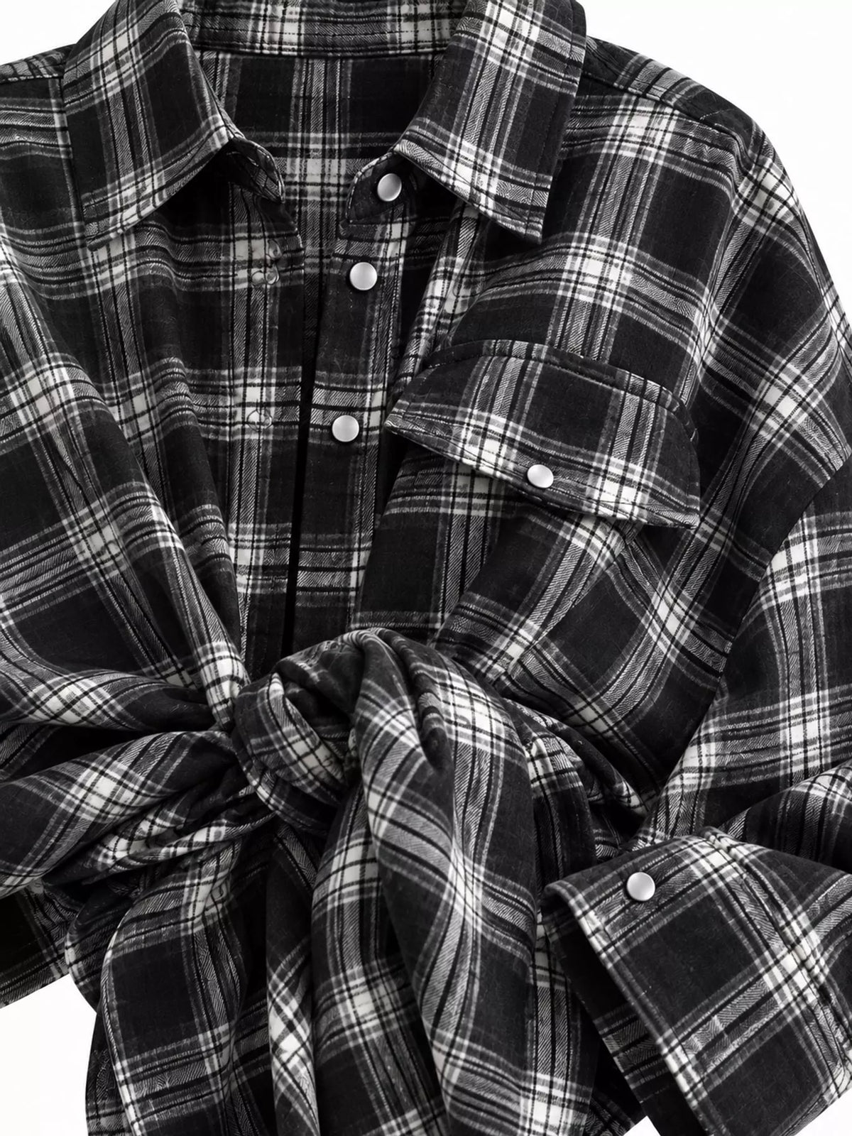 Black plaid button up shirt, detail view