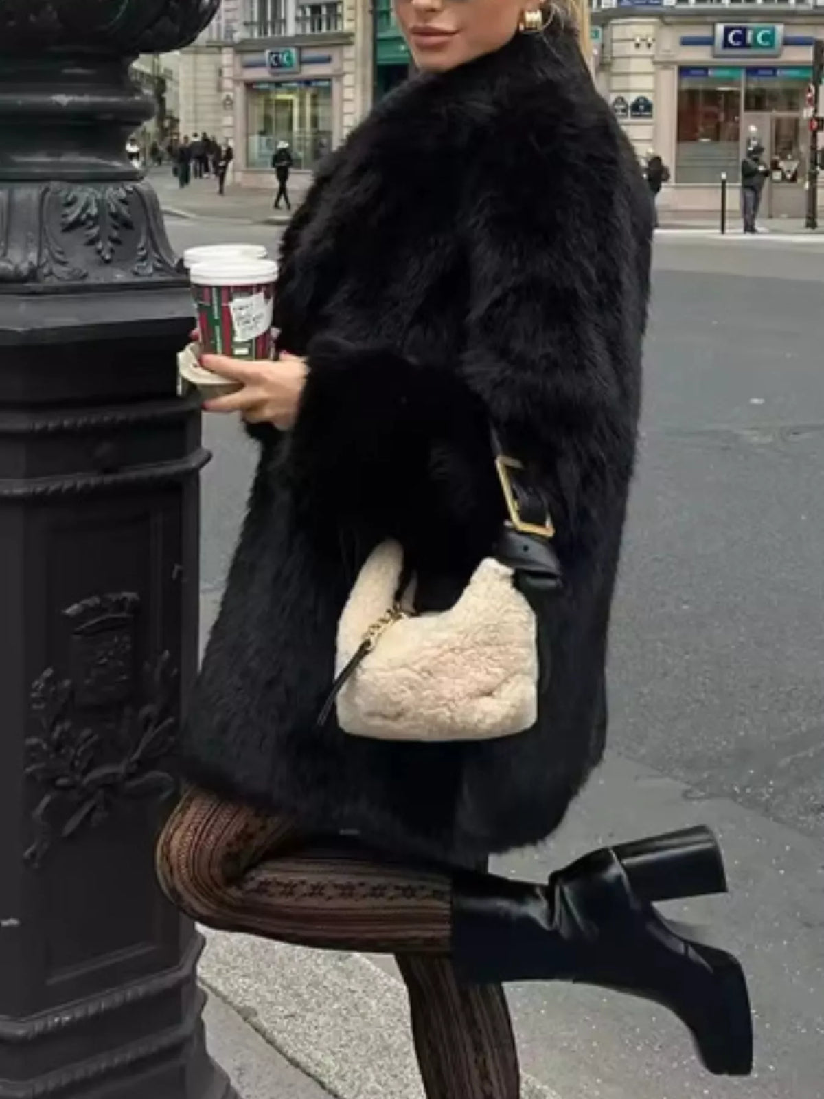 Faux Fur Long Sleeve Coat in black