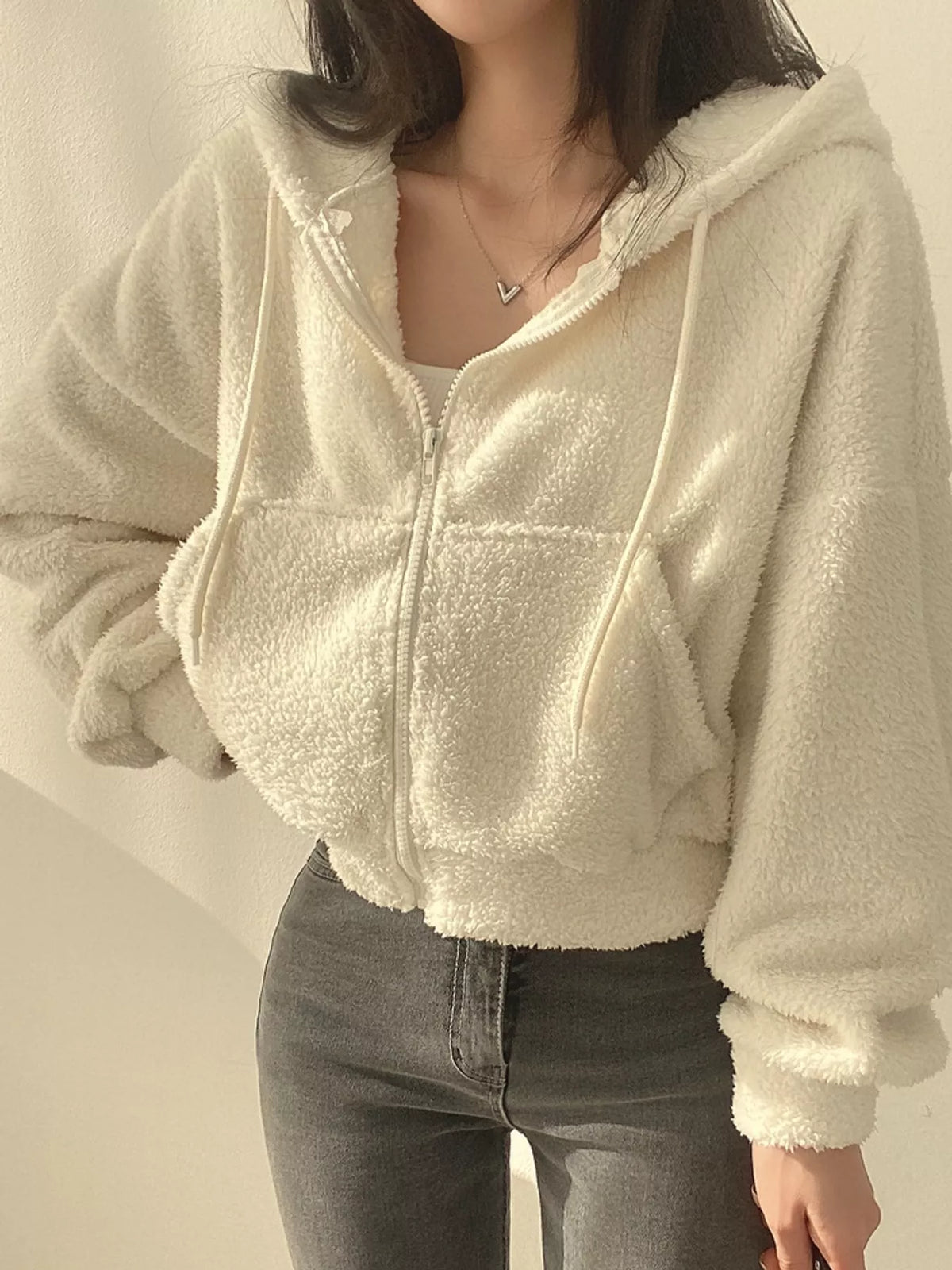 Cropped sherpa hoodie, cream front