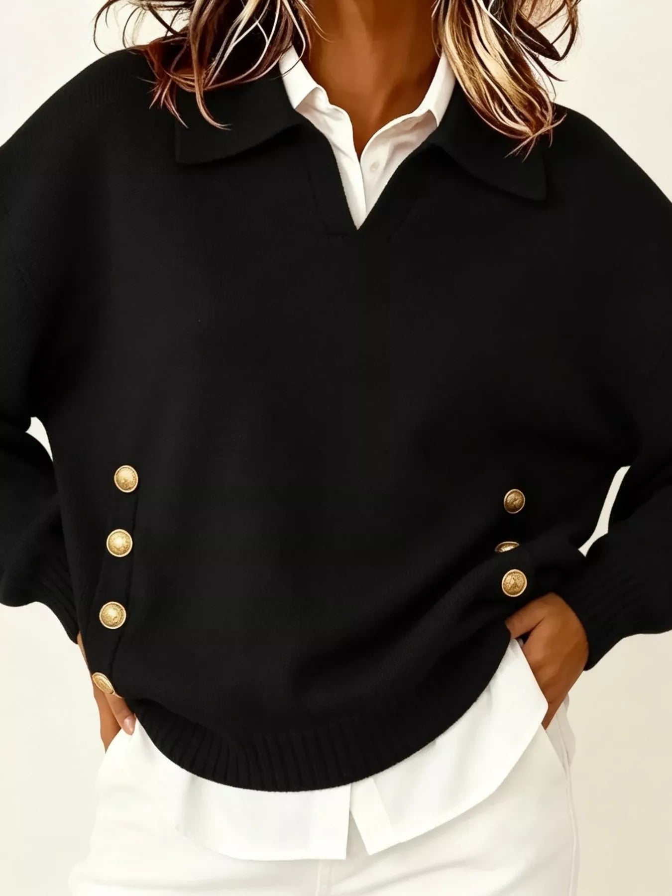 Trendsi Chic Collared Decor-Button Sweater -