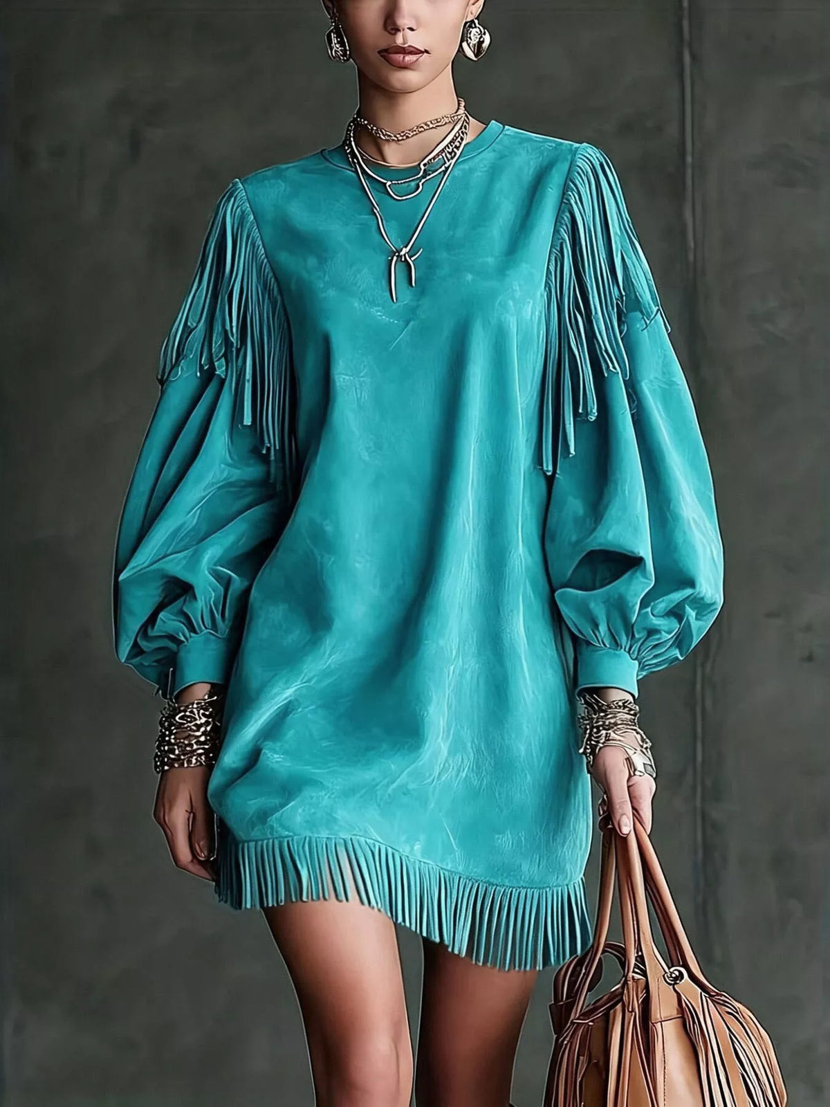 Round neck long sleeve mini dress, front view on model