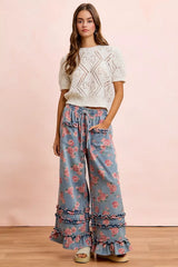 Trendsi BiBi Washed Floral Denim With Ruffle Elastic Wide Pants - Pants