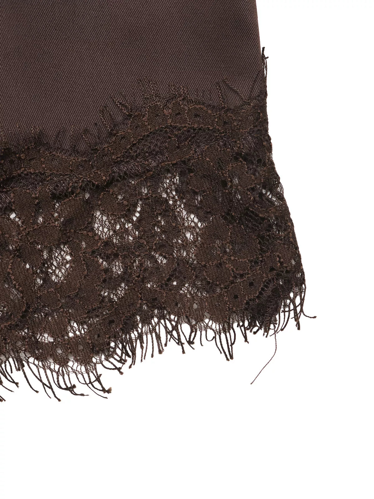 Coffee satin lace-trim blouse with flounce sleeves, lace hem detail