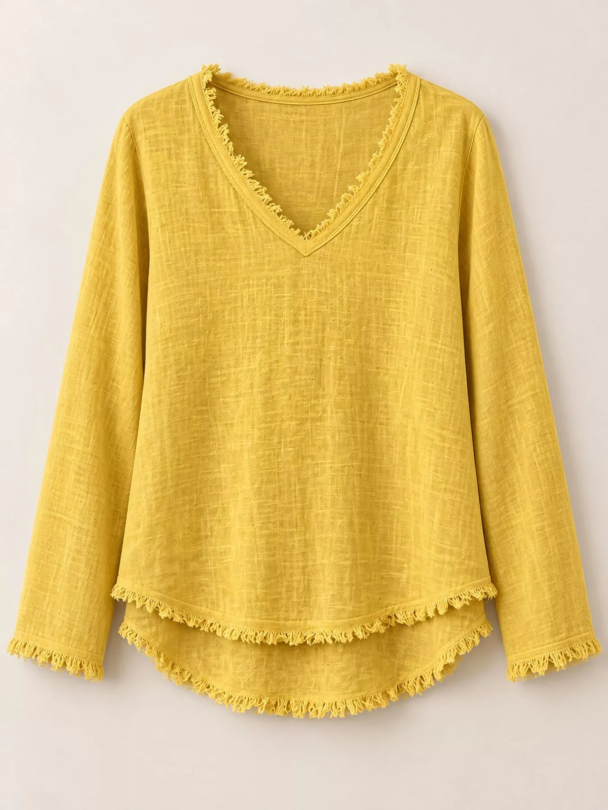 Frayed V-neck blouse, yellow flat lay