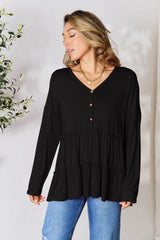Trendsi Double Take Half Button Long Sleeve Ruffle Hem Blouse - Pants