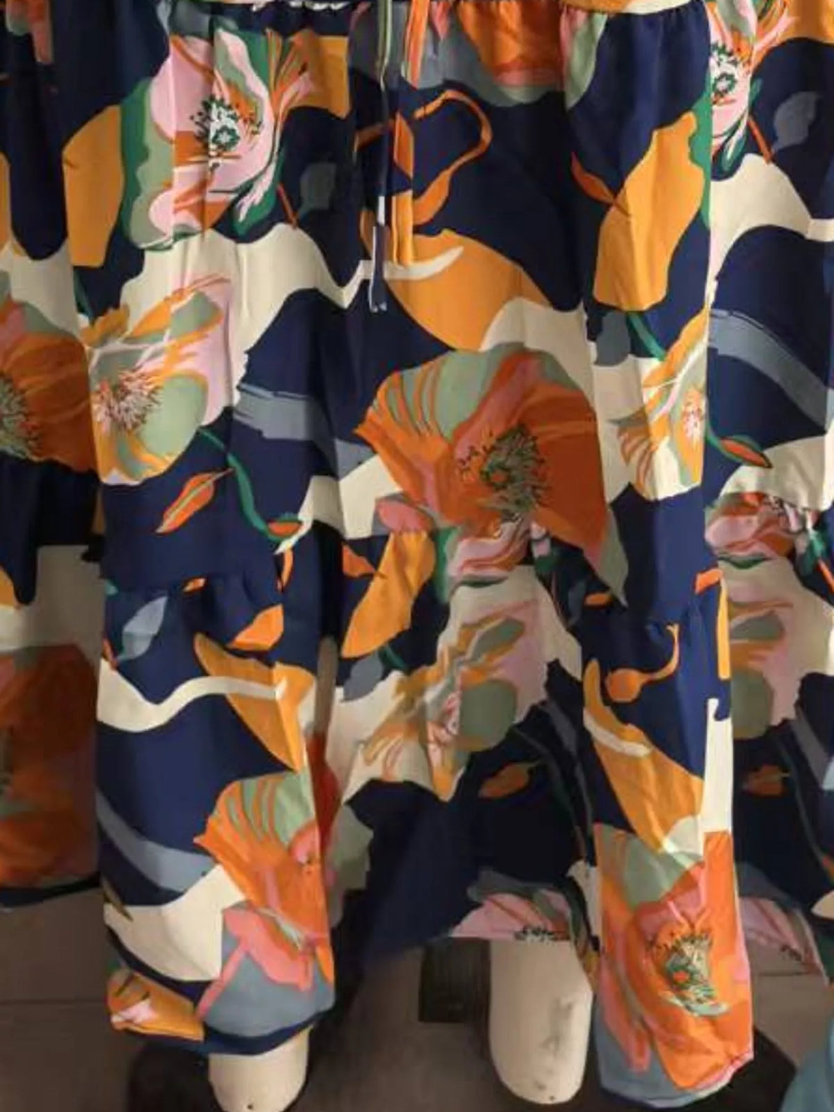 Navy floral drawstring tiered skirt — design and construction details