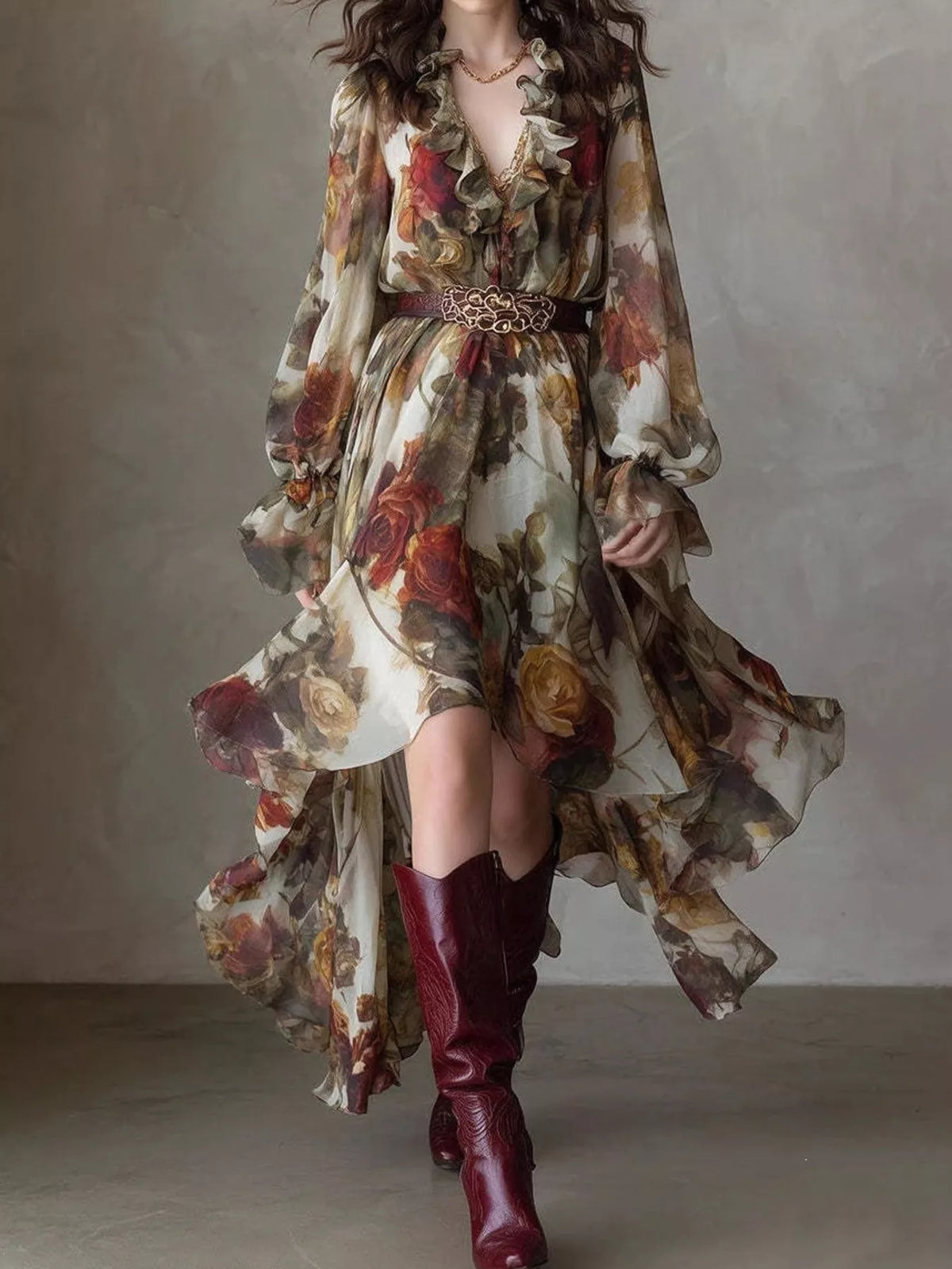 Women's Floral Print Ruffle Trim High-Low Chiffon Maxi Dress in Floral, front view