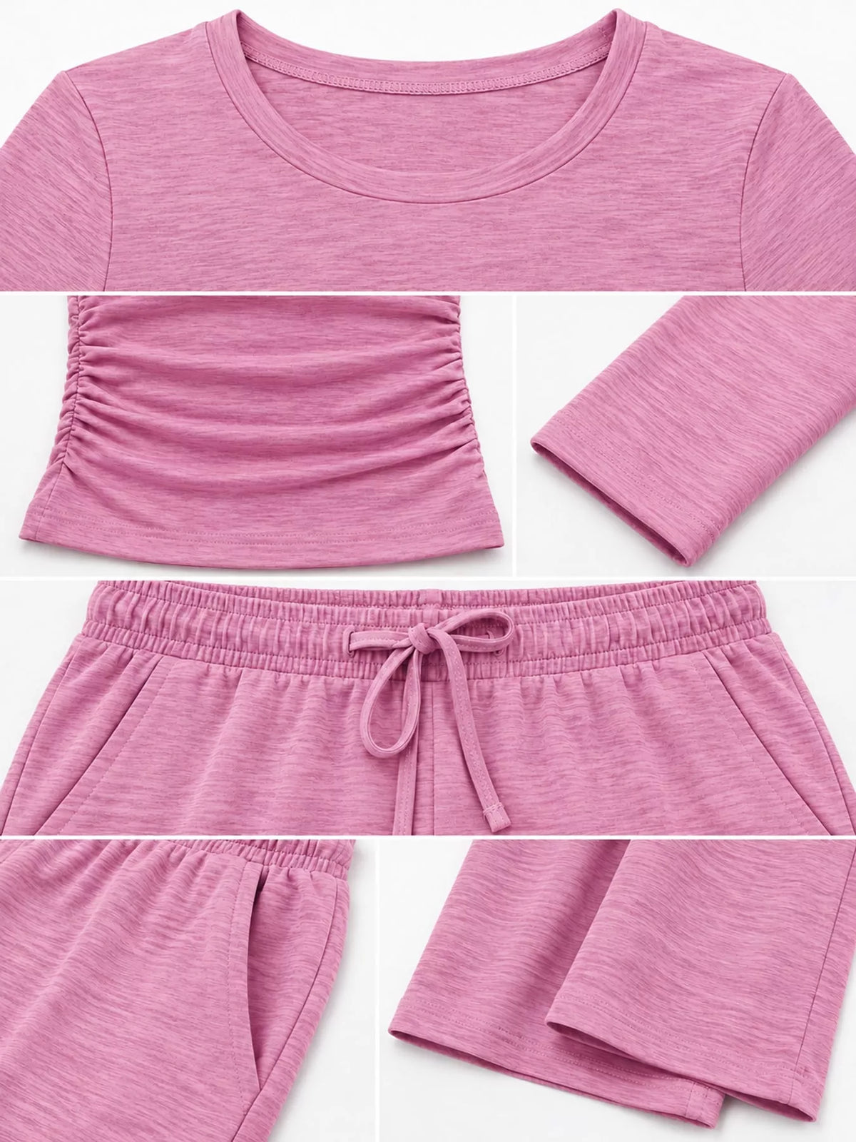 Long Sleeve Ruched Top and Wide-Leg Drawstring Pants Set — construction details