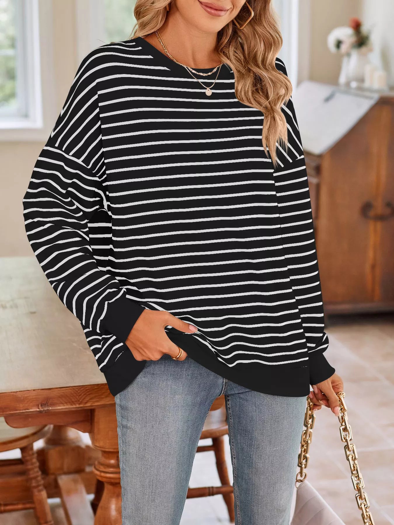 Trendsi Oversized Striped Crewneck Sweatshirt -