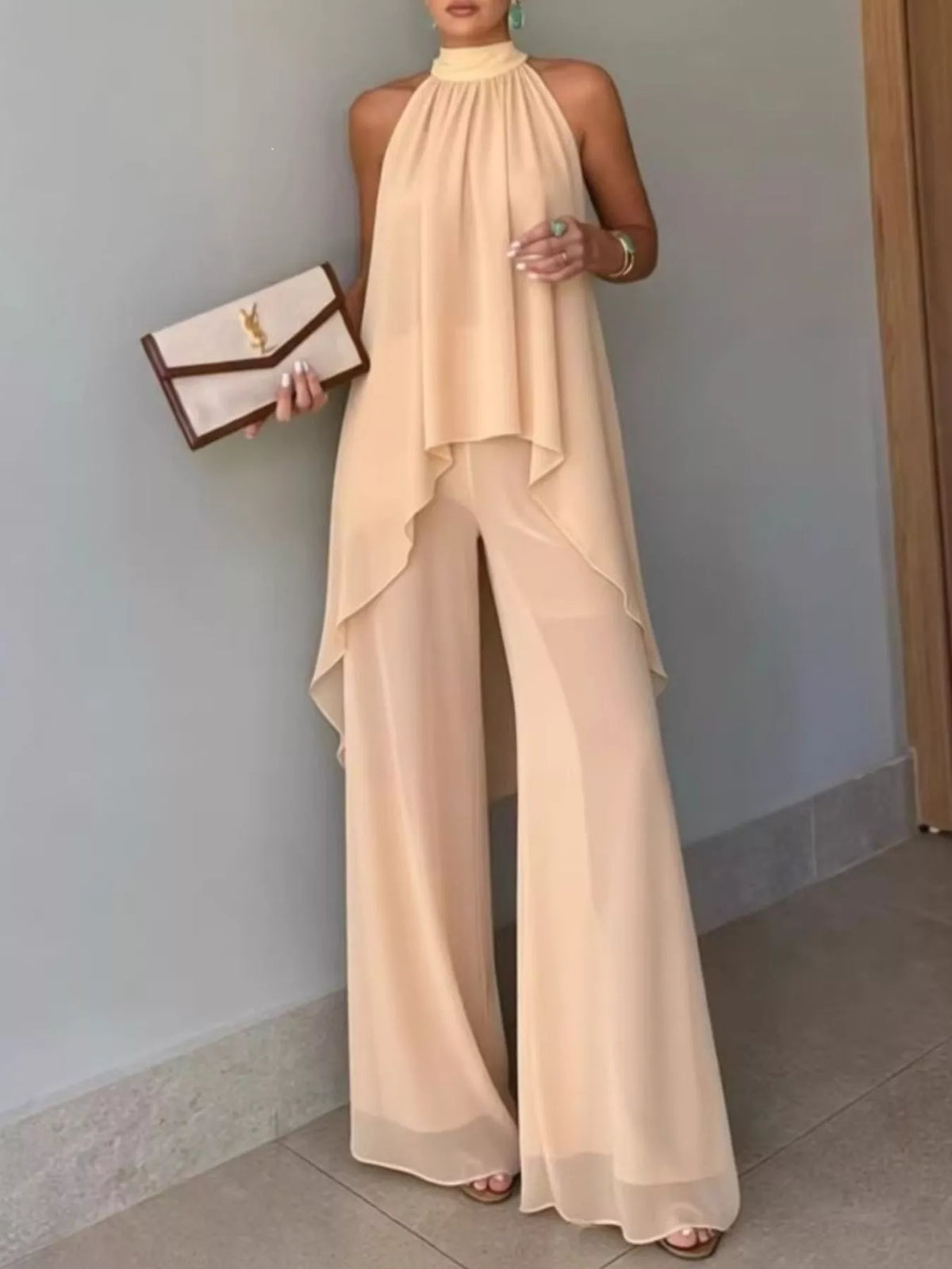 Tan High-Low Sleeveless Top & Wide-Leg Pants Set front view