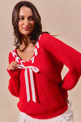 Trendsi SO ME Satin Tape Braided Ribbon Tie V Neck Sweater -