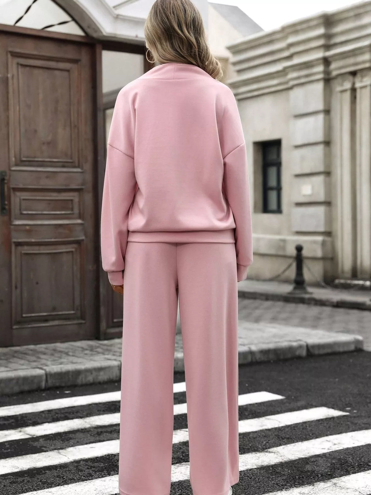 Trendsi Half Zip Sweatshirt and Wide-Leg Pants Set -
