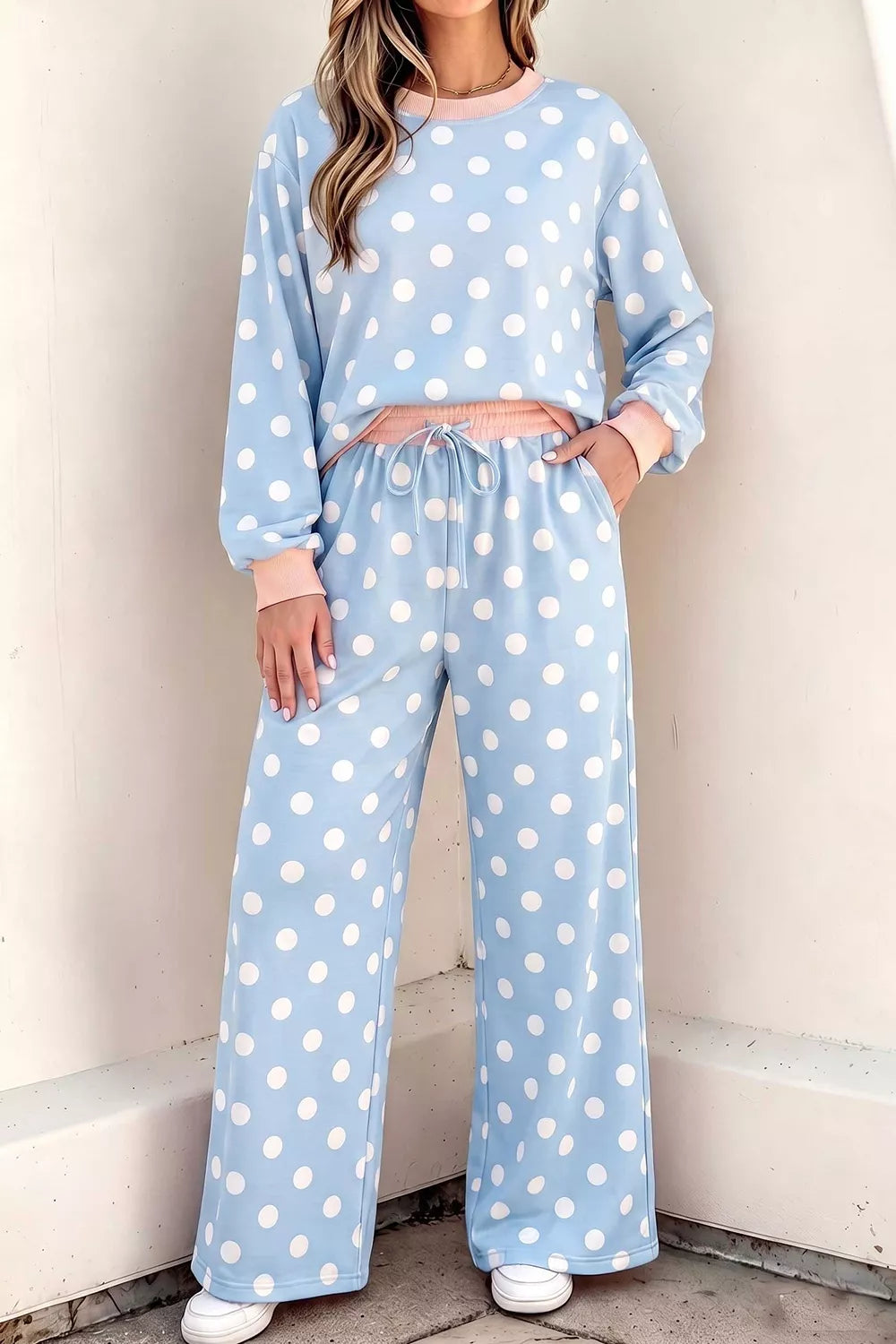 Trendsi Polka Dot Contrast Trim Long Sleeve Top Drawstring Shift Pants Set -