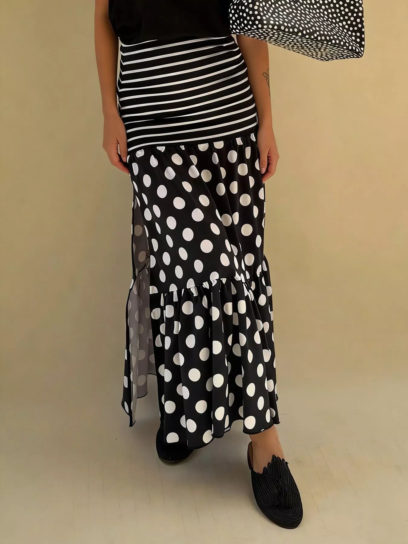 Trendsi Polka Dot Striped Slit Maxi Skirt -