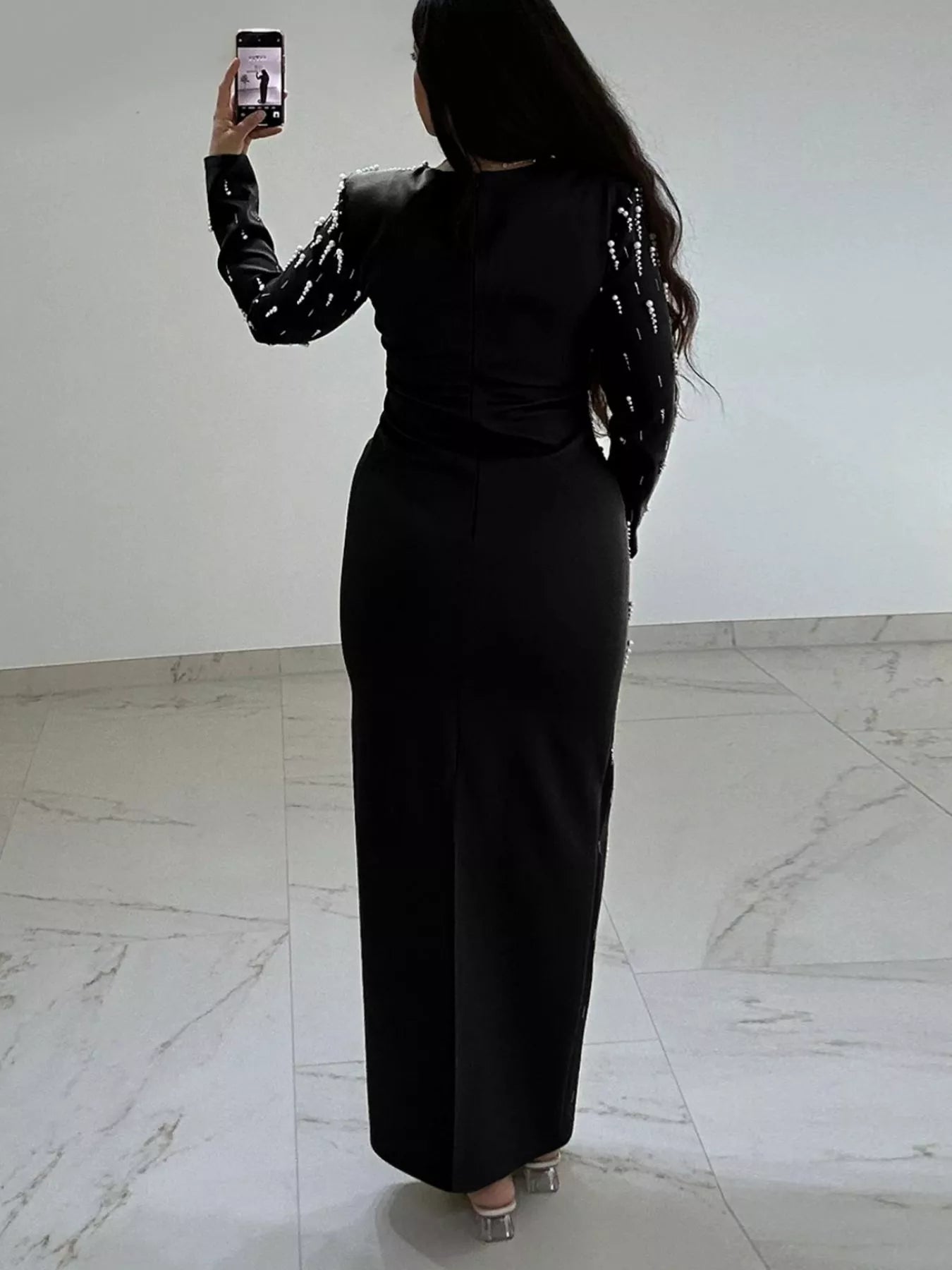 Trendsi Pearl Detail Long Sleeve Maxi Dress -