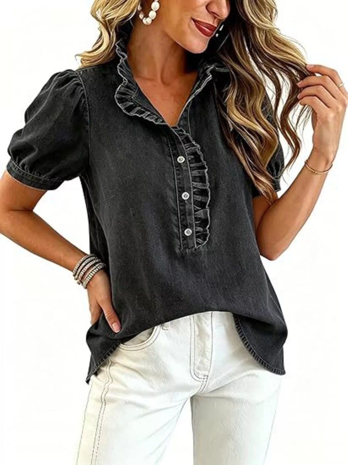 Trendsi Frill Puff Sleeve Denim Top -