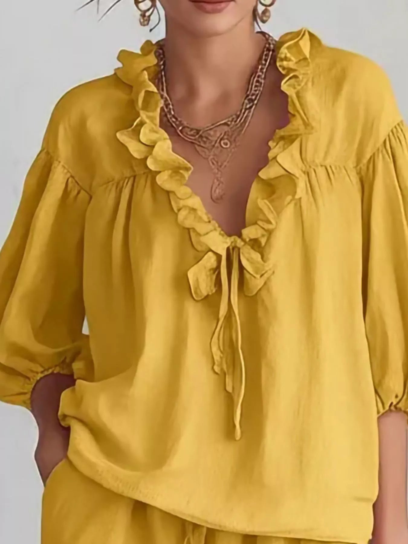 Trendsi Ruffled V-Neck Blouse and Shorts Set -