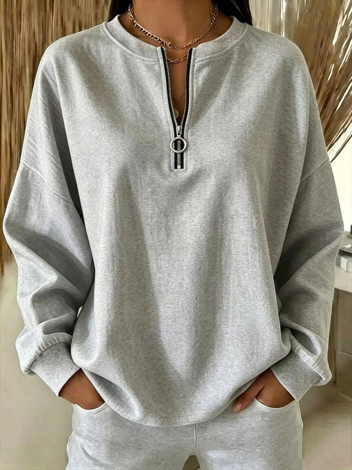 Trendsi Quarter-Zip Dropped Shoulder Sweatshirt -