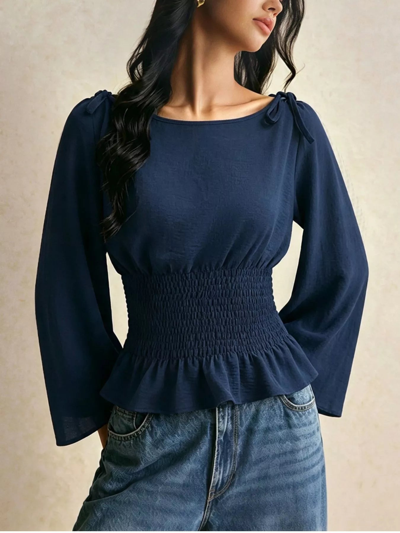 Trendsi Smocked Waist Flare Sleeve Blouse -