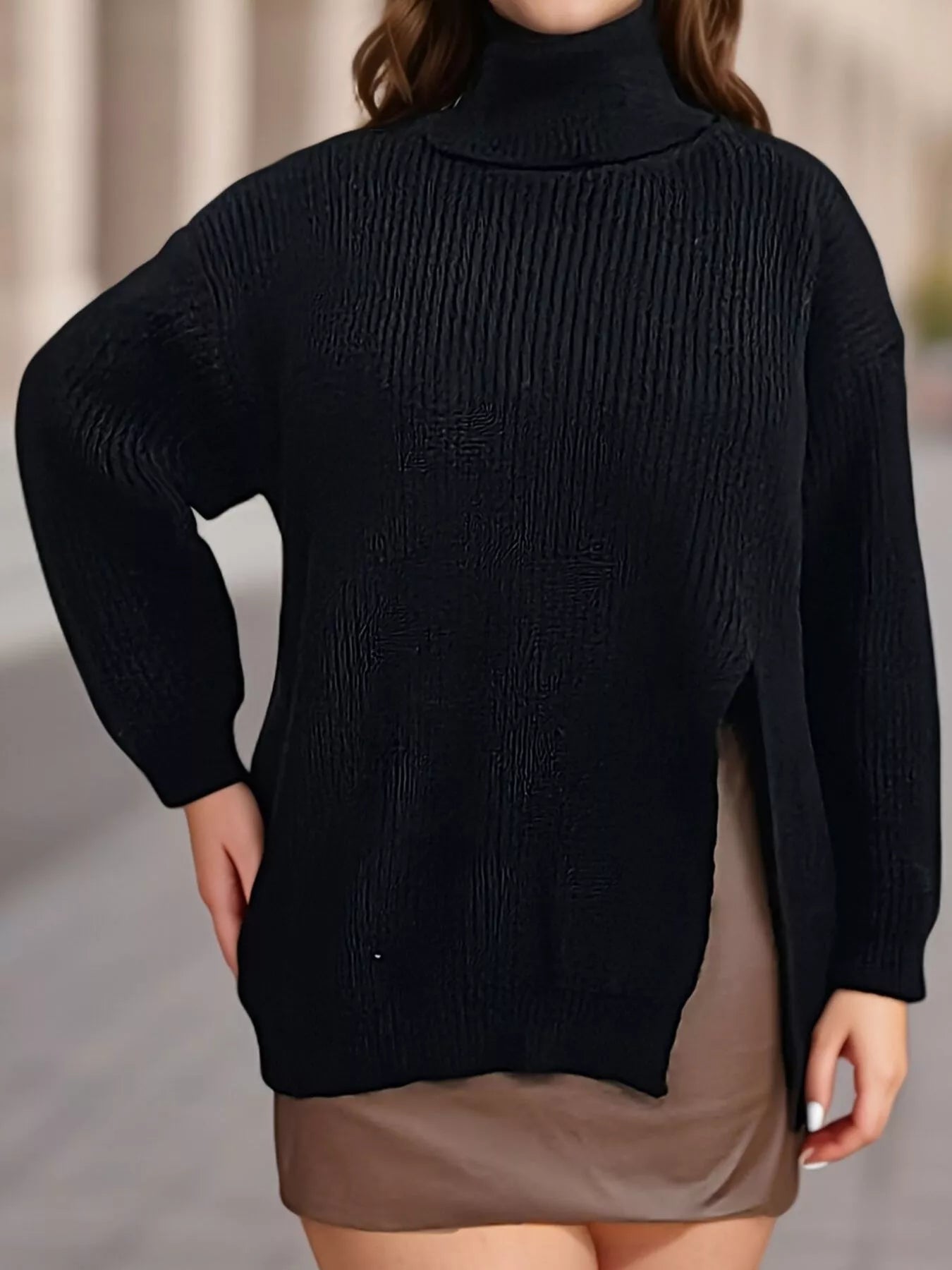 Trendsi Plus Size Side Slit Ribbed Turtleneck Sweater -