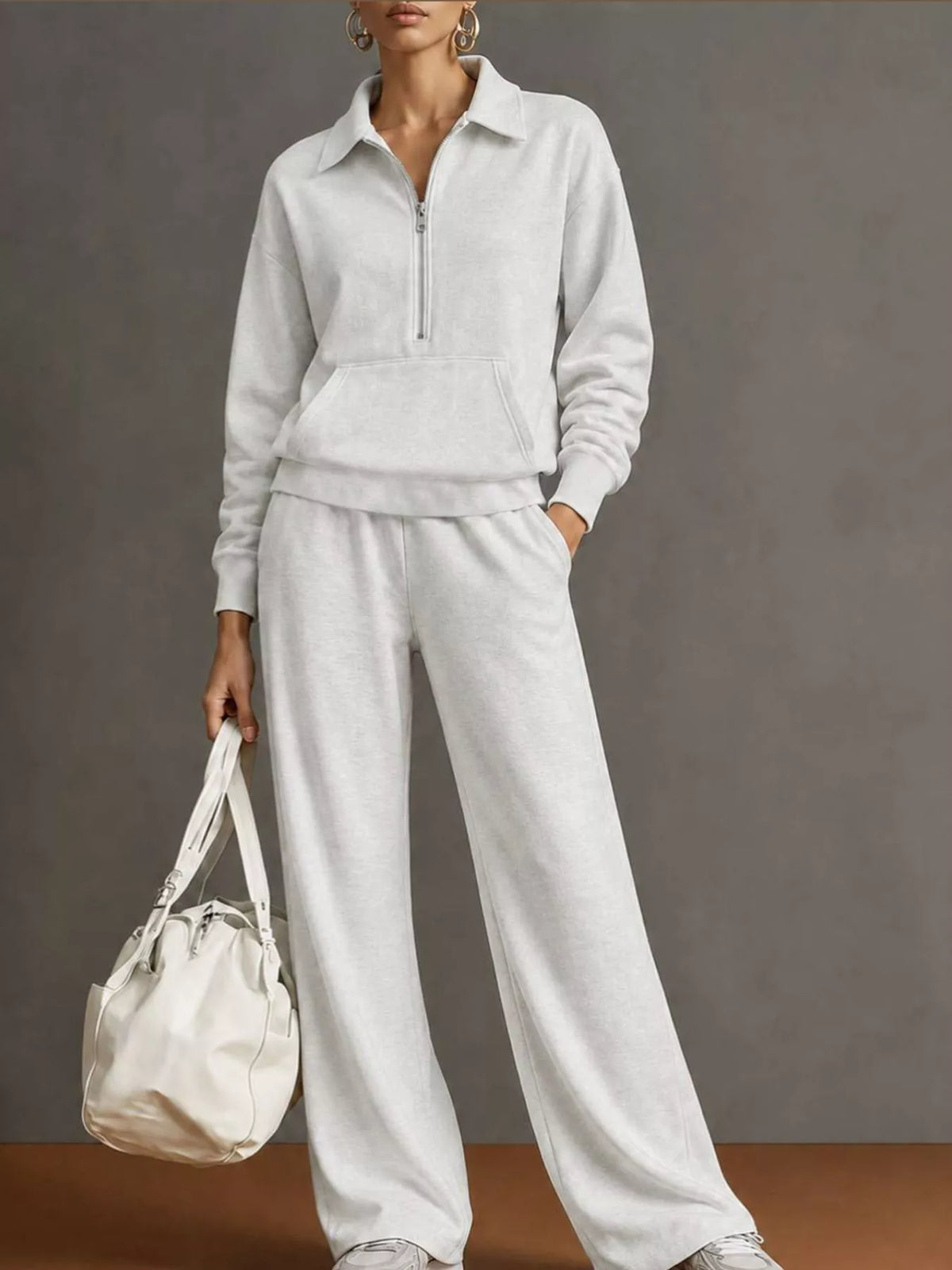 Half Zip Long Sleeve Top and Pants Set — front view