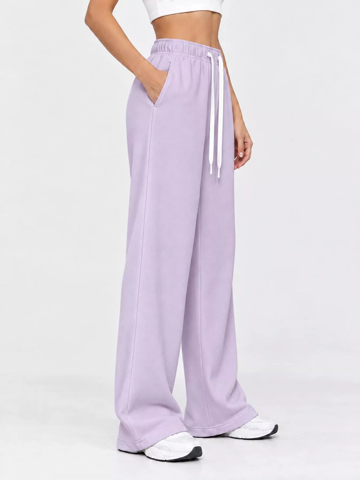 Lavender wide-leg pants with drawstring