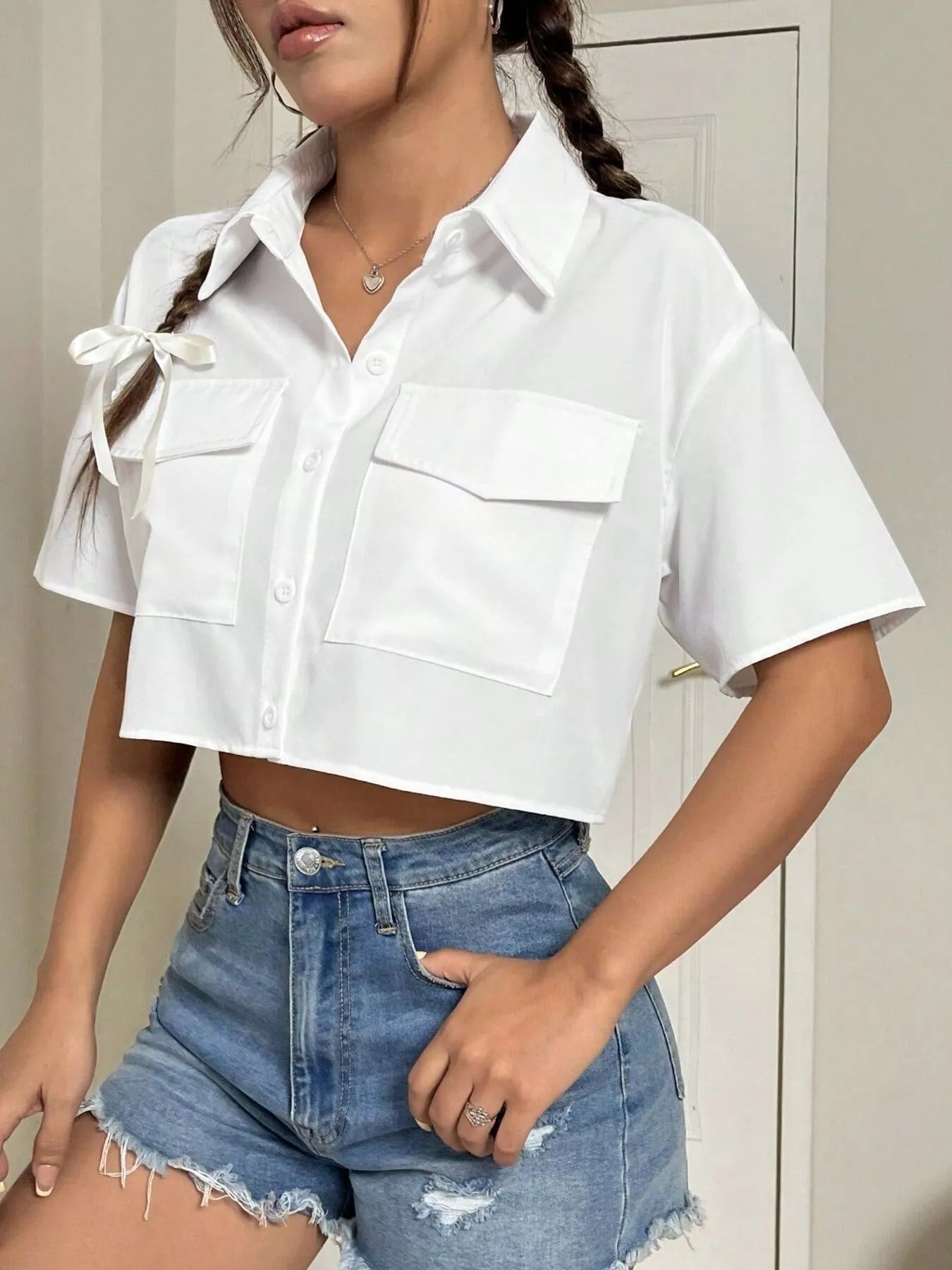 Trendsi Short Sleeve Crop Shirt with Chest Pockets -