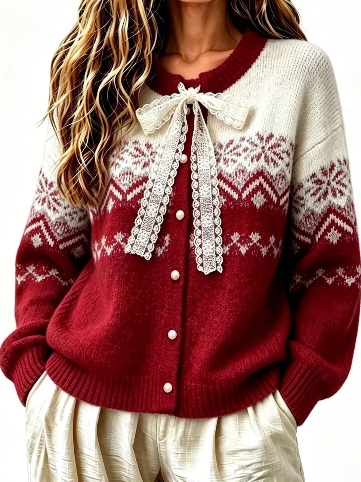 Red and cream lace tie button-up cardigan