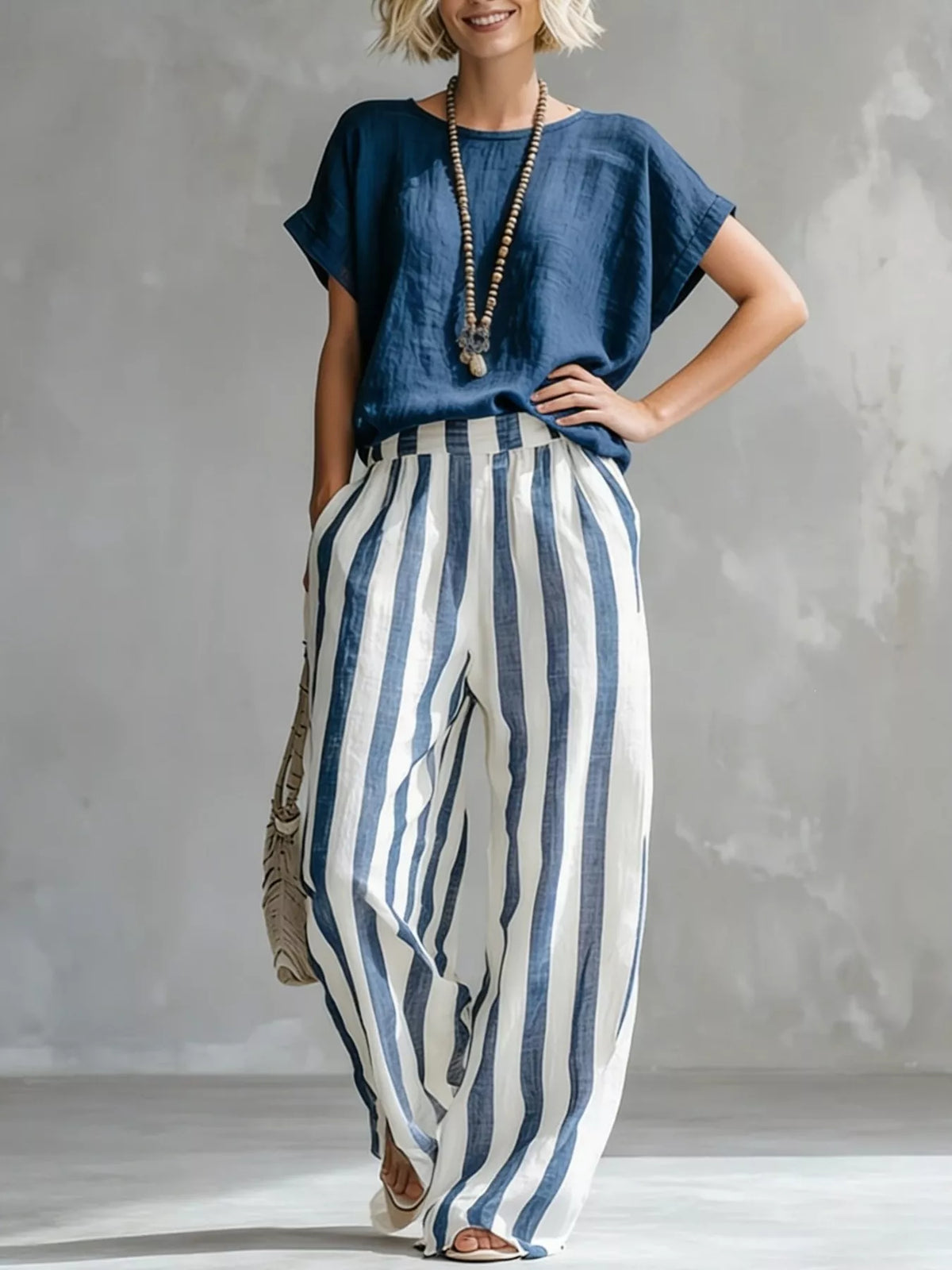 Navy short sleeve top and wide-leg pants set — front view