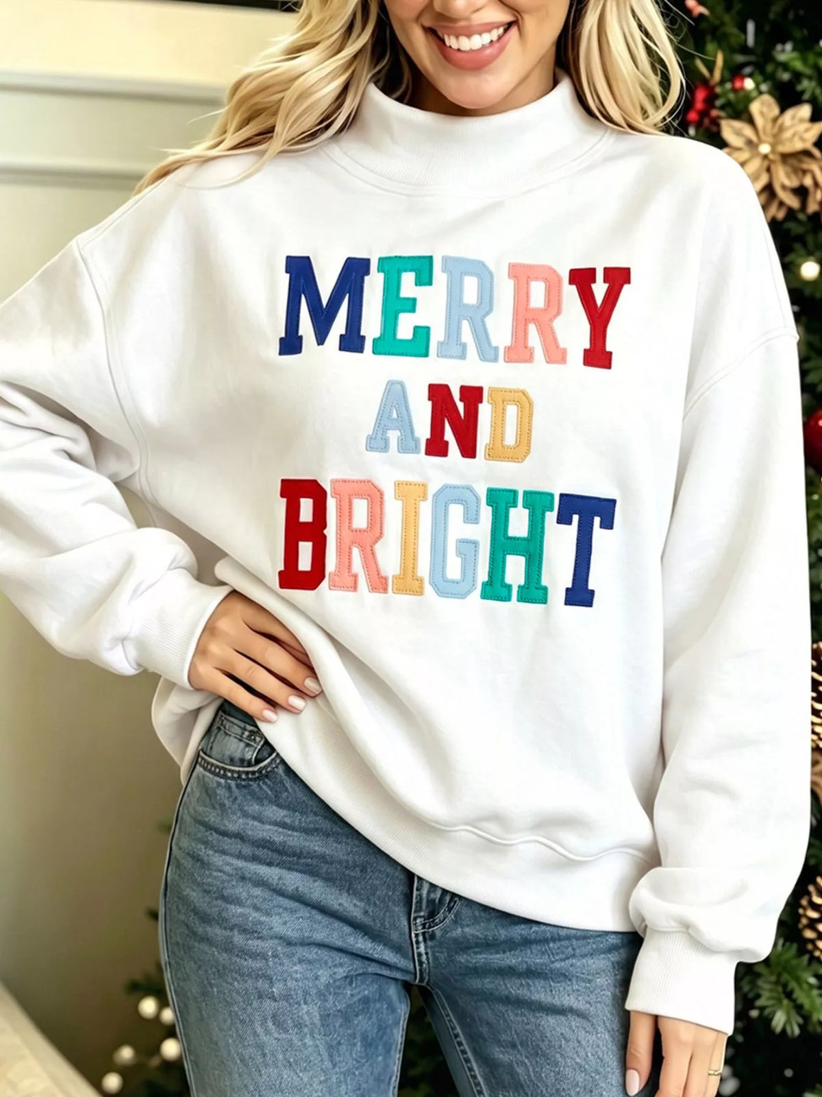 MERRY AND BRIGHT sweatshirt, white front slogan