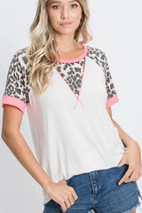 Trendsi Women’s Leopard Print Short Sleeve T-Shirt Stitch Detail Spandex Plus Size - Shirts