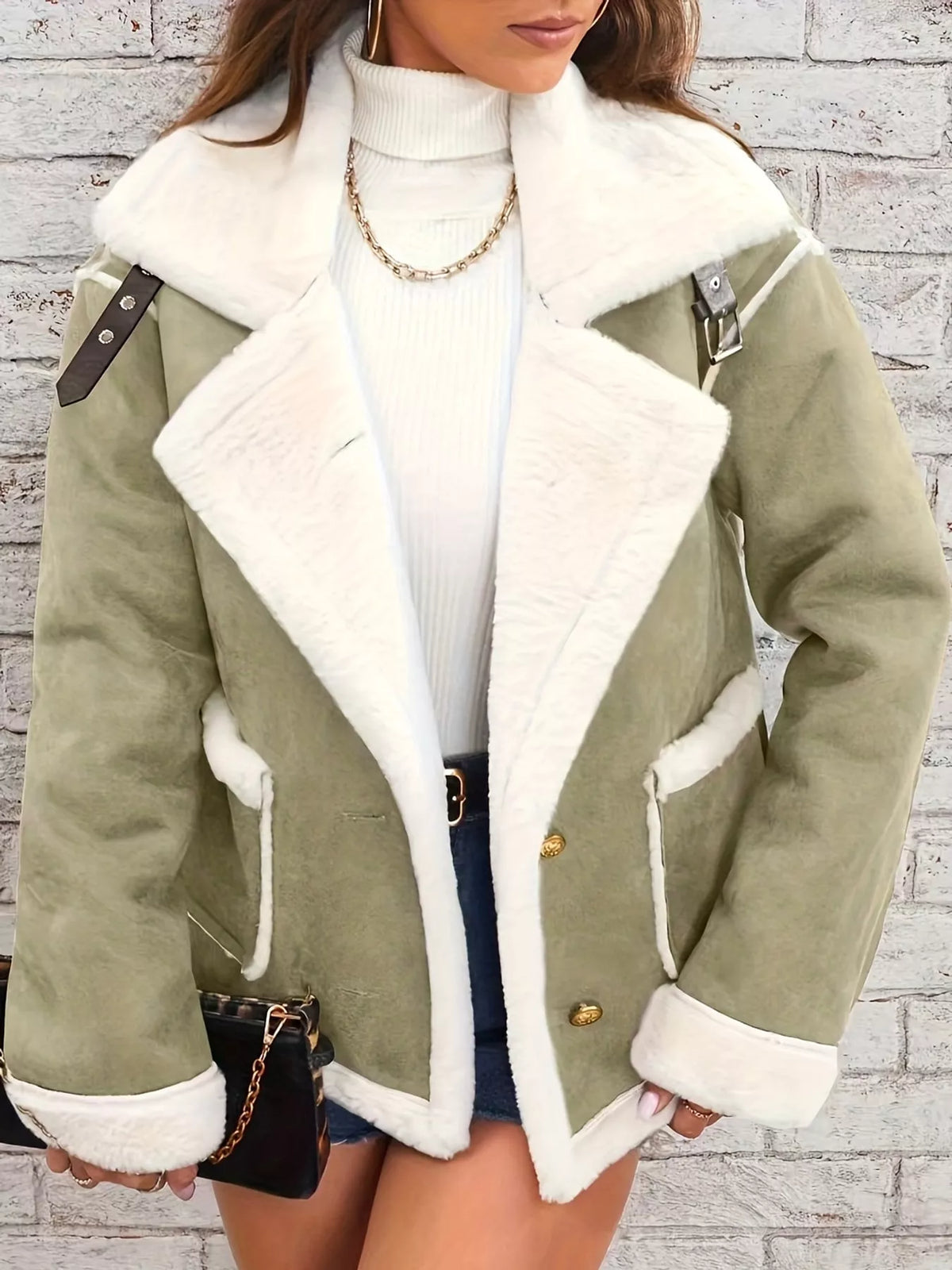 Green plush-lined button-front jacket — front view