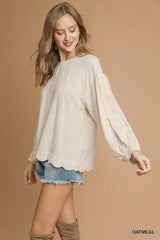 Trendsi Umgee Linen Scallop Hem Long Sleeve Blouse -
