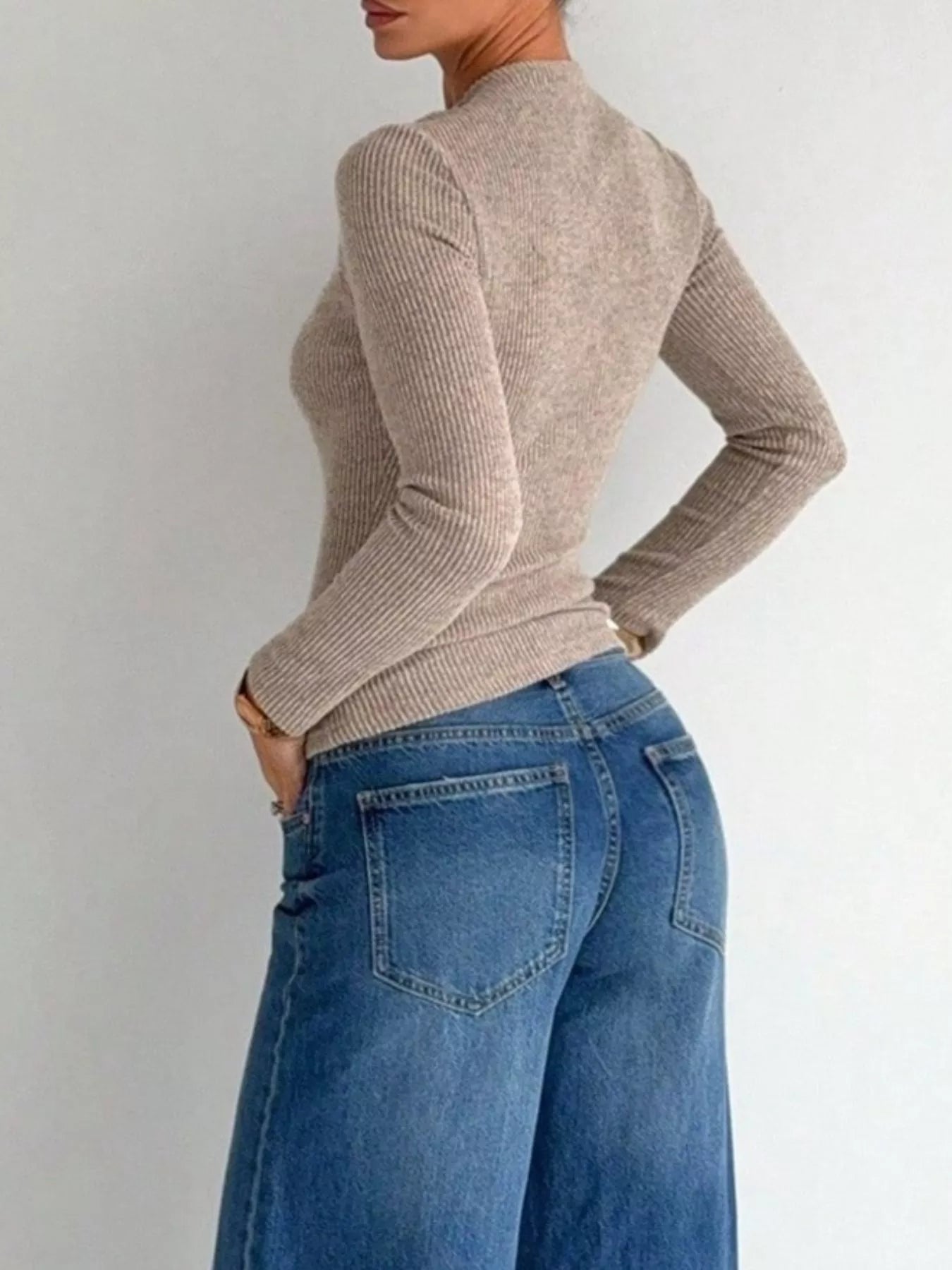 Trendsi Ribbed Knit Long Sleeve T-Shirt with Metal Ring Cutout Detail -