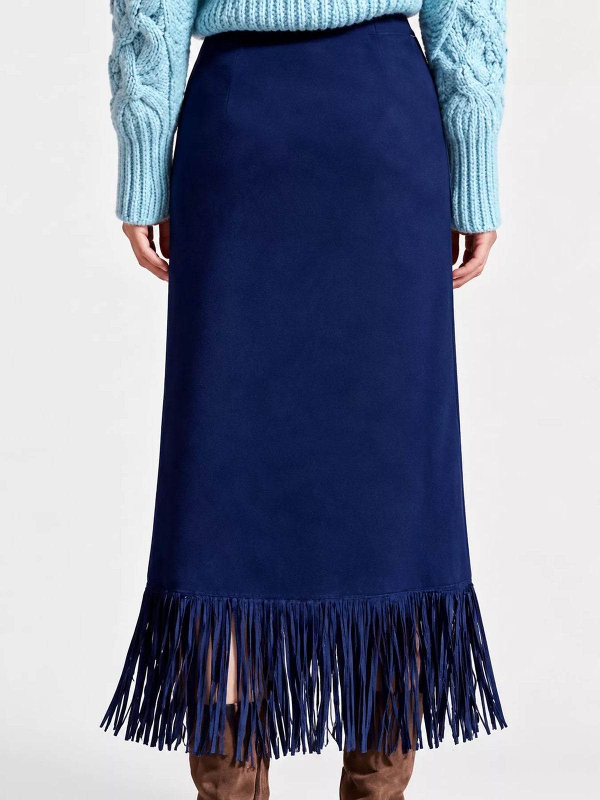 Navy fringe midi skirt