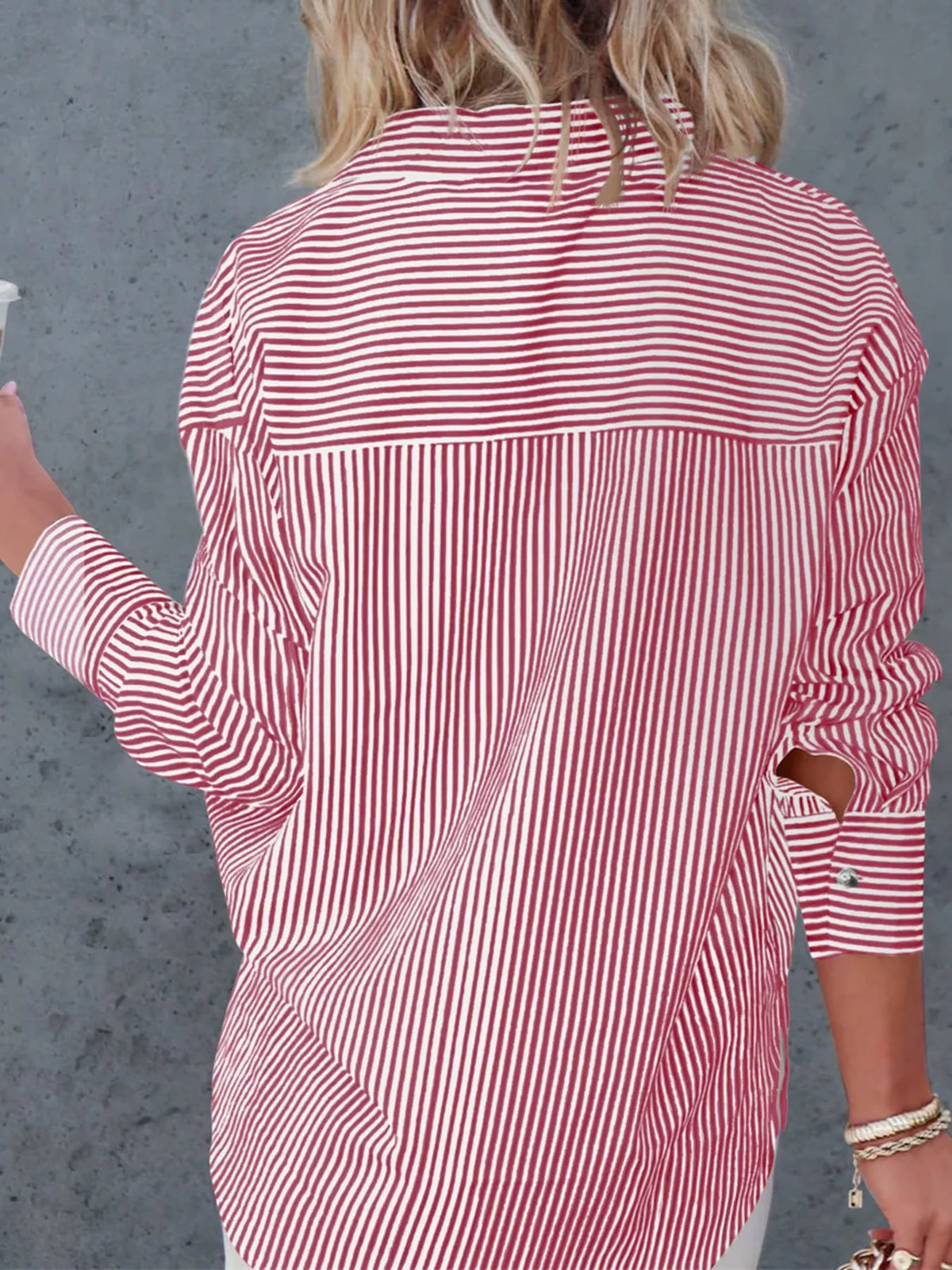 Red striped button-down shirt, back view