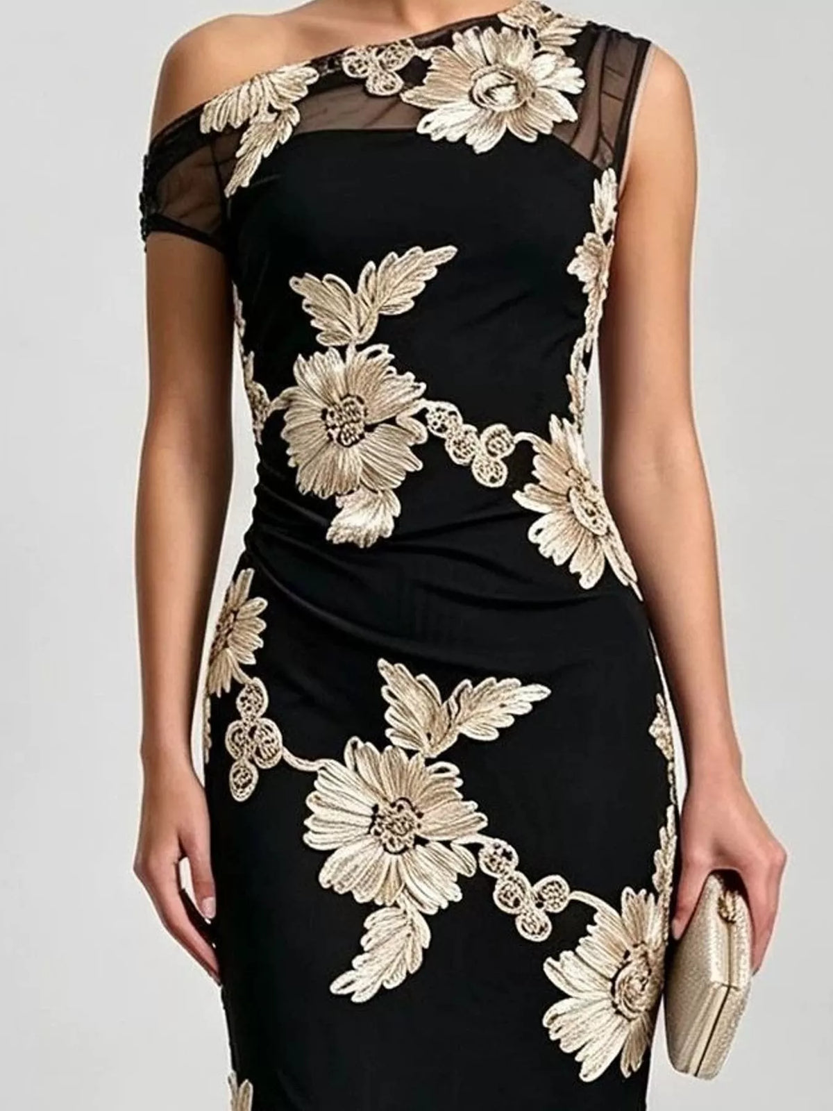 Black floral one-shoulder maxi dress, bodice detail
