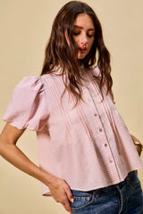 Trendsi SO ME Gingham Lace Trim Button Bubble Sleeves Blouse -