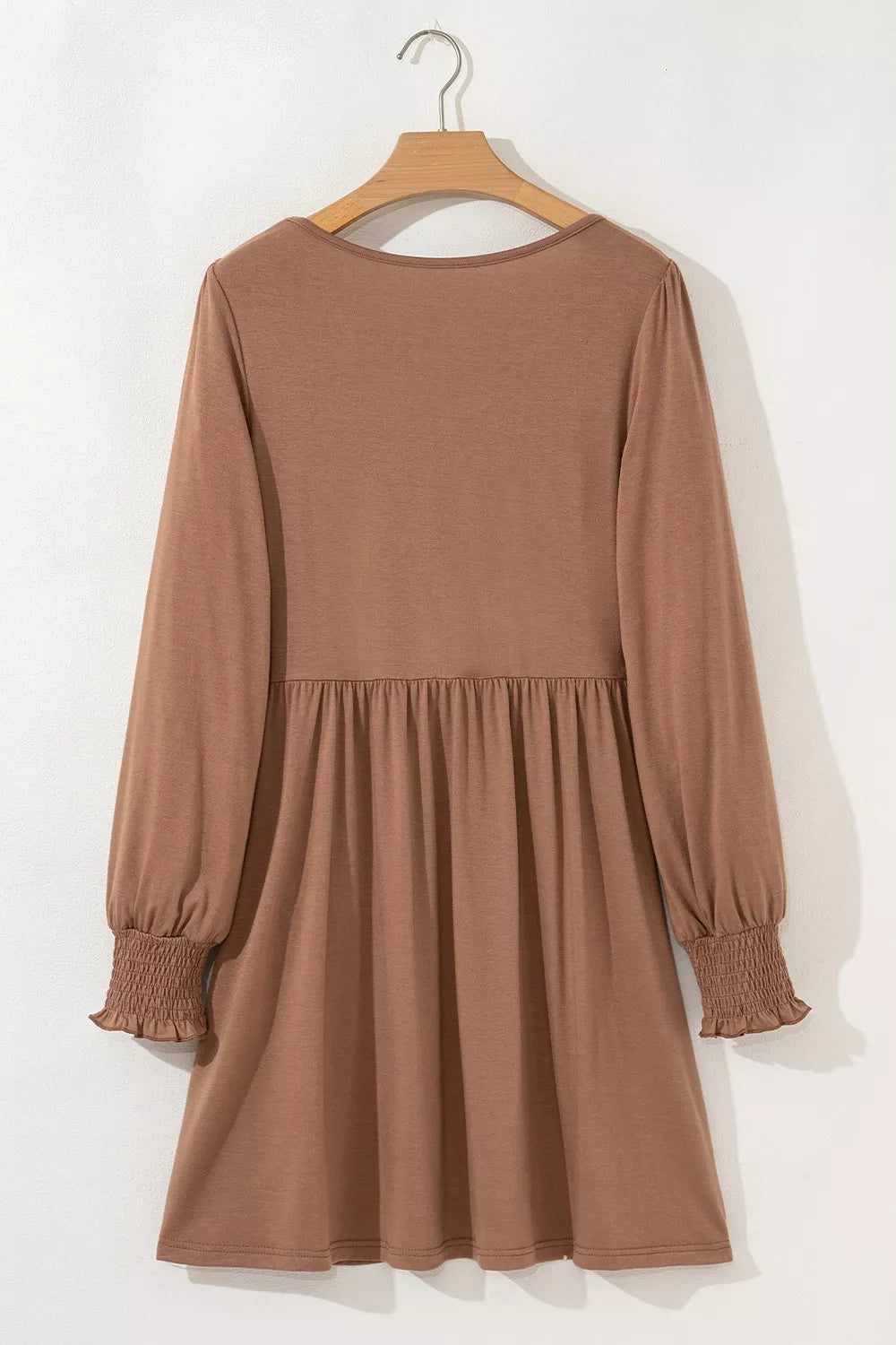 Trendsi Shirred Cuff Long Sleeve Button Round Neck Mini Dress -