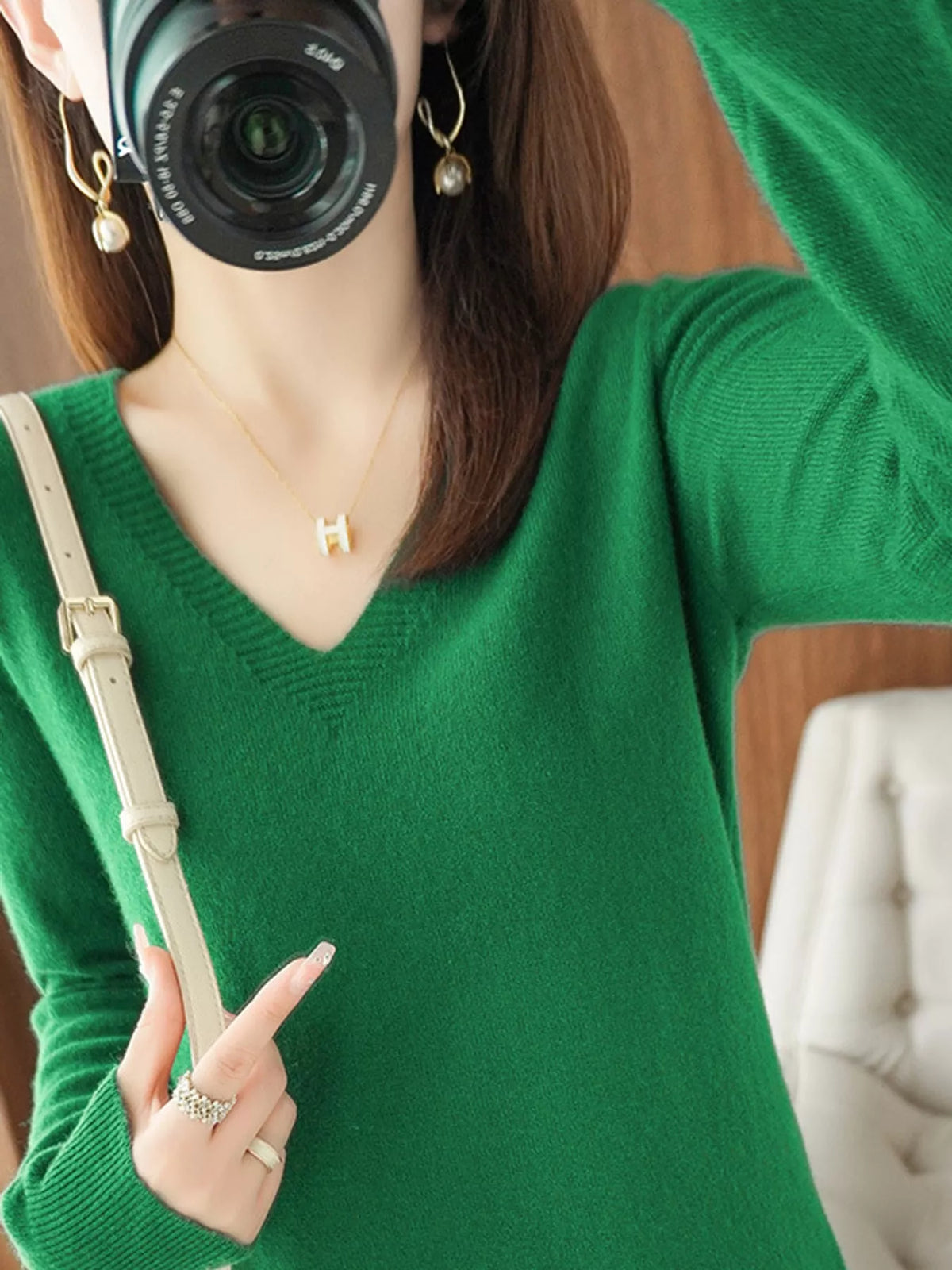 V-Neck Knit Sweater, detail view in emerald green