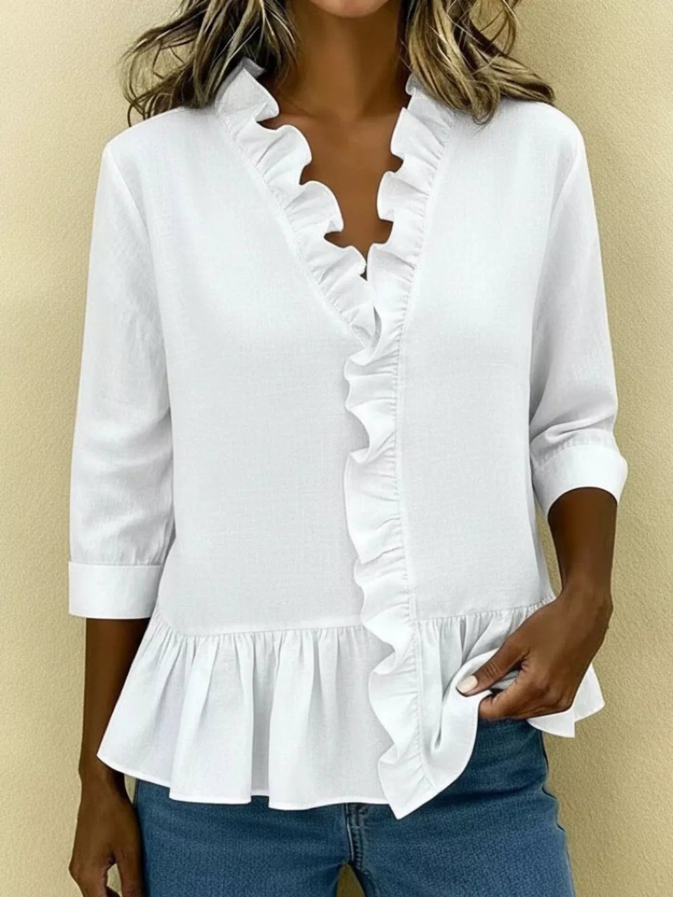 Trendsi Full Size Ruffled V-Neck Long Sleeve Blouse Plus Size -