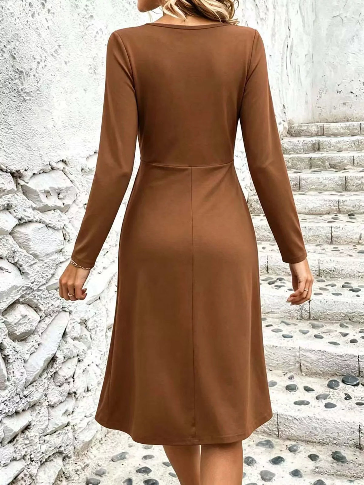 Brown long sleeve ruched-front midi dress, back view