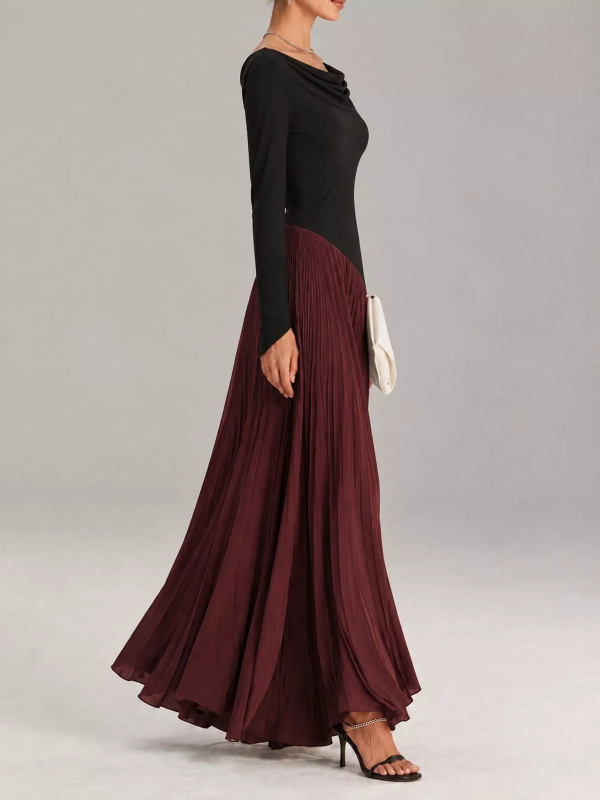 Cowl neck long sleeve maxi dress, side view